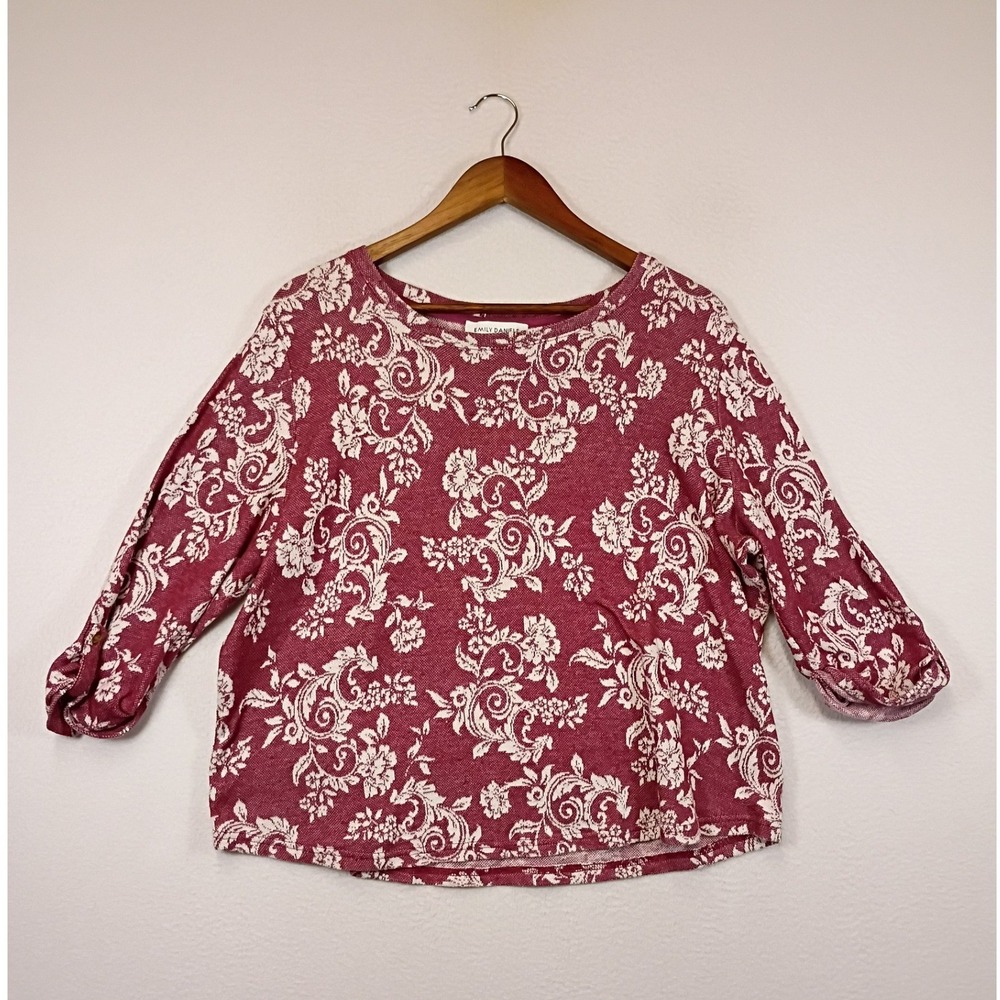 Cottagecore Emily Daniels Womens 1X Burgundy Floral Damask Knit Tab Sleeve Top